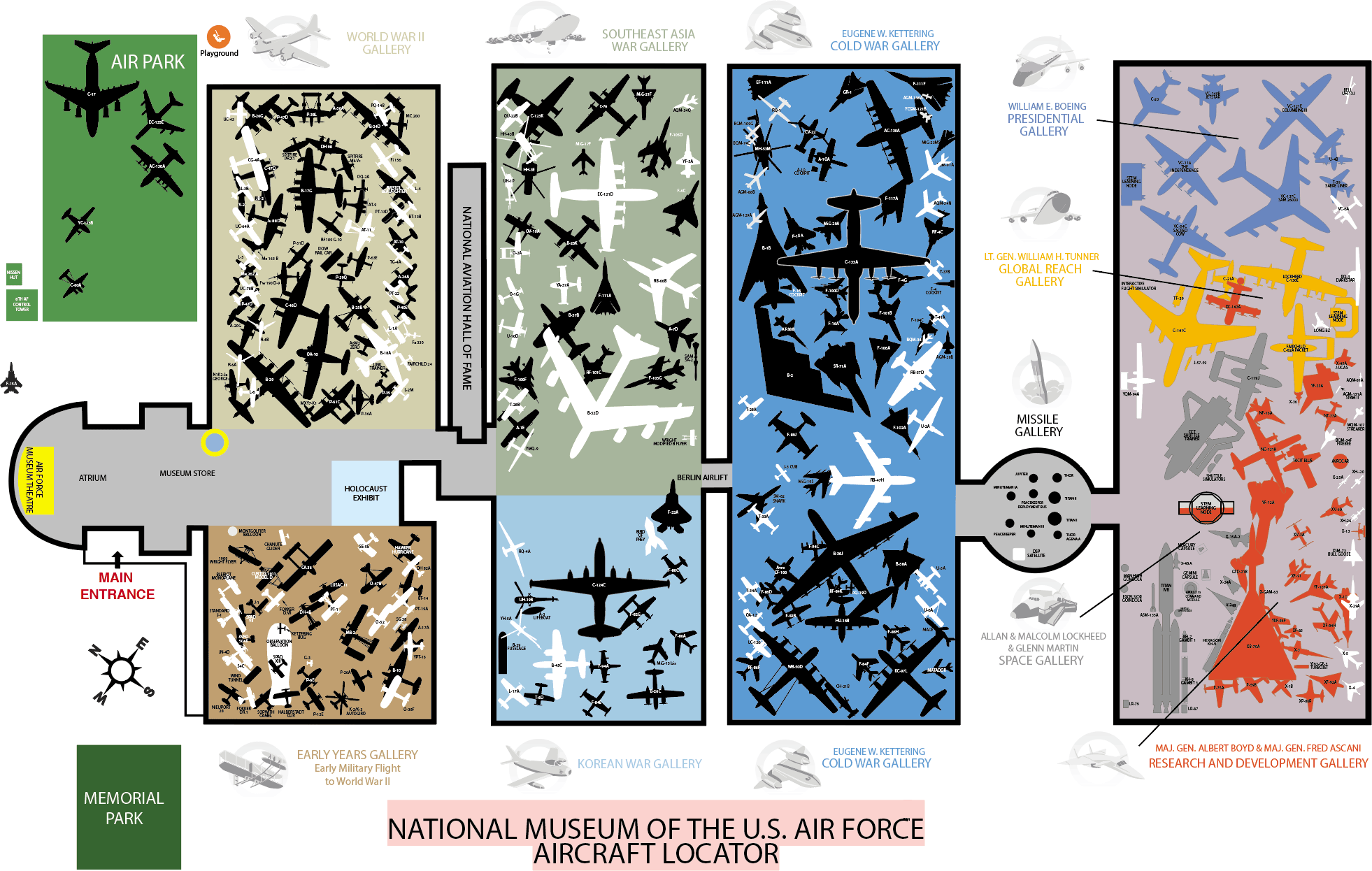 Simplified gallery plan of the Air Force Museum complex.