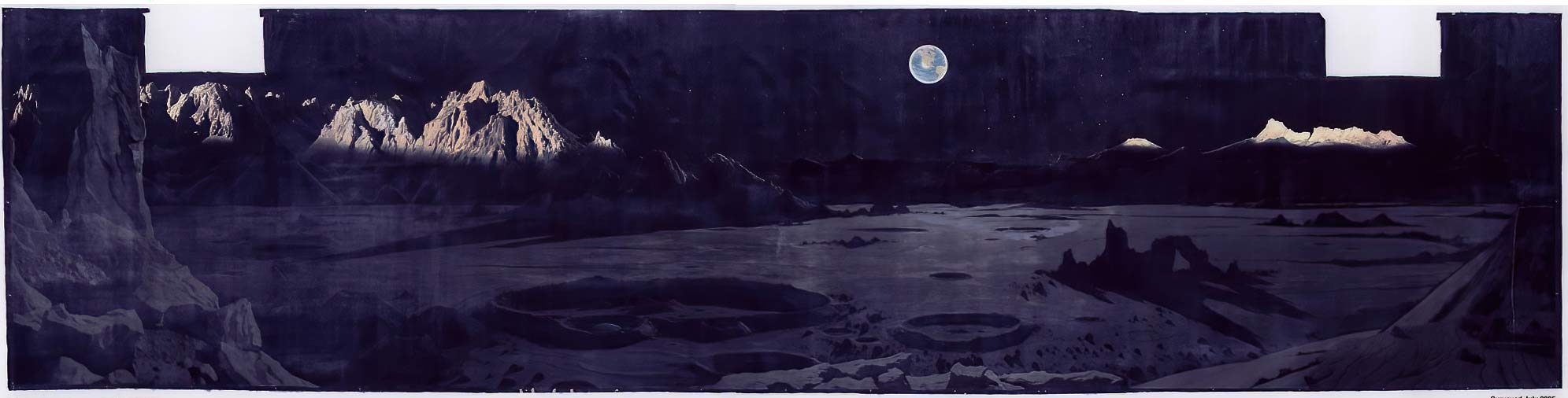 Wide dark mural of a hypothetical lunar surface with sharp mountains, deep shadows, craters, black space, and a small distant Earth.