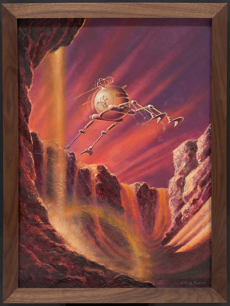 An oil painting of a spider-like spacecraft crossing a deep valley on Mars in orange, yellow, and brown tones.
