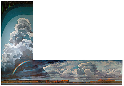 An L-shaped panoramic mural of a western landscape, aircraft, changing weather, aurora, and the stars of space, with weather-map symbols along the lower border.