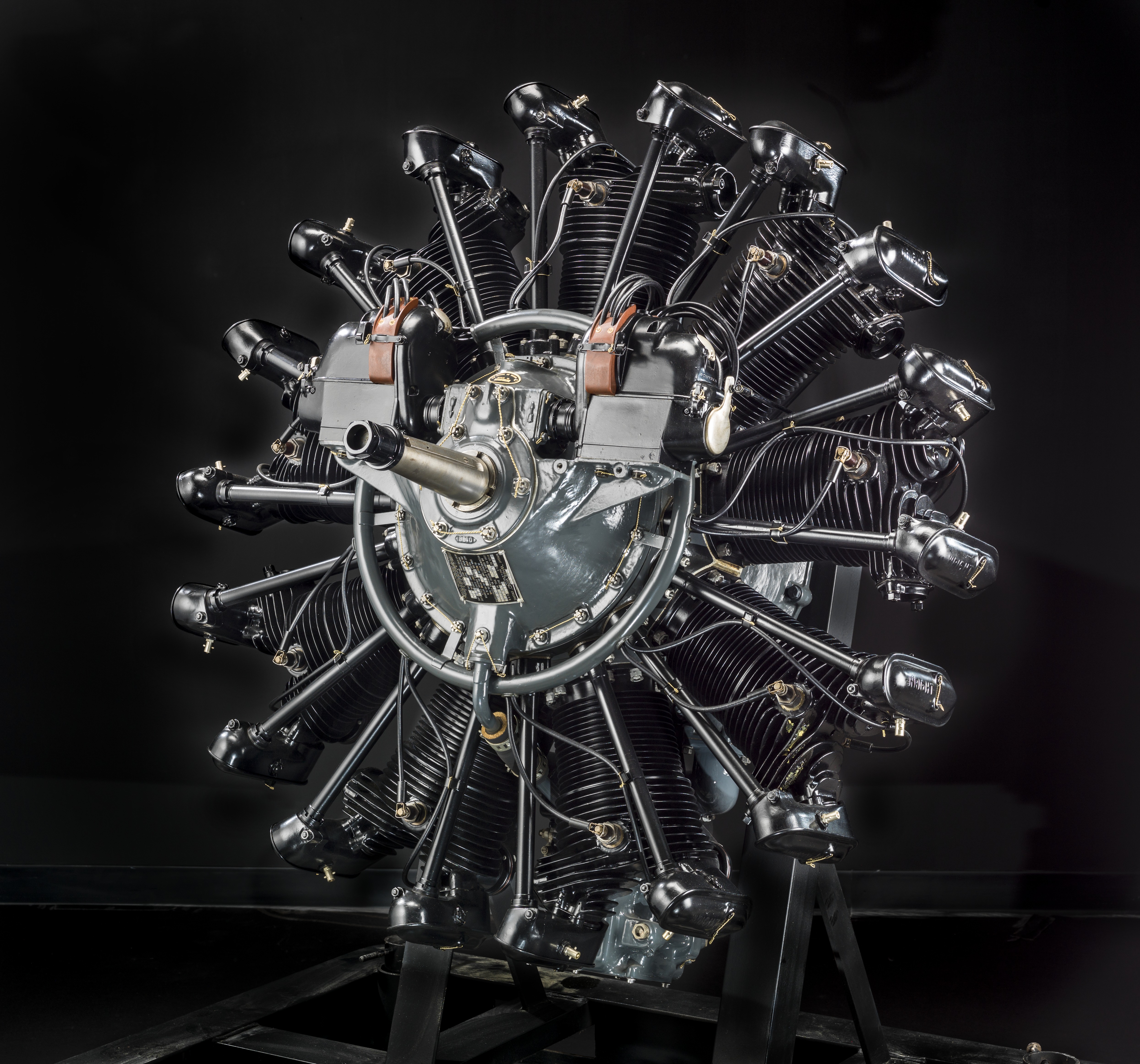 Circular, nine-cylinder, air-cooled Wright Whirlwind radial aircraft engine.