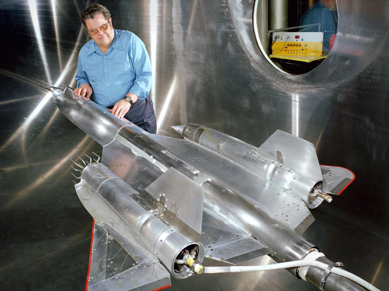 A YF-12 model in NASA’s supersonic wind tunnel. This related Blackbird-family research aircraft is not the museum’s SR-71.