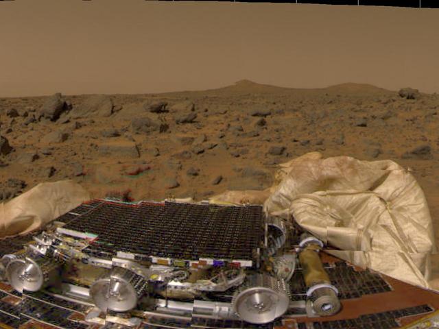 Sojourner, the lander’s deflated airbags, and the actual Martian terrain shortly after the July 4, 1997 landing.