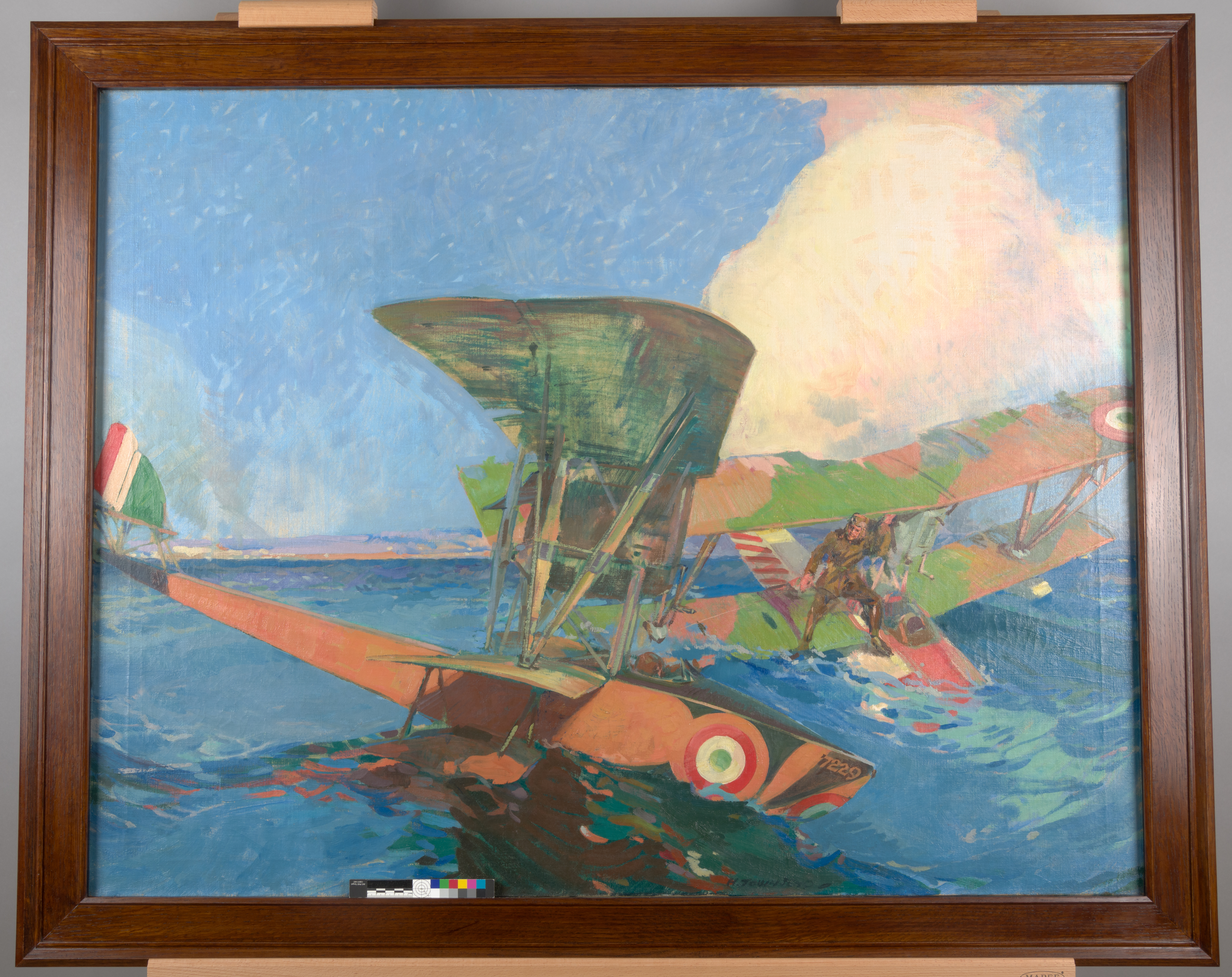 Painting of one downed World War I seaplane pilot rescuing another from bright blue water.