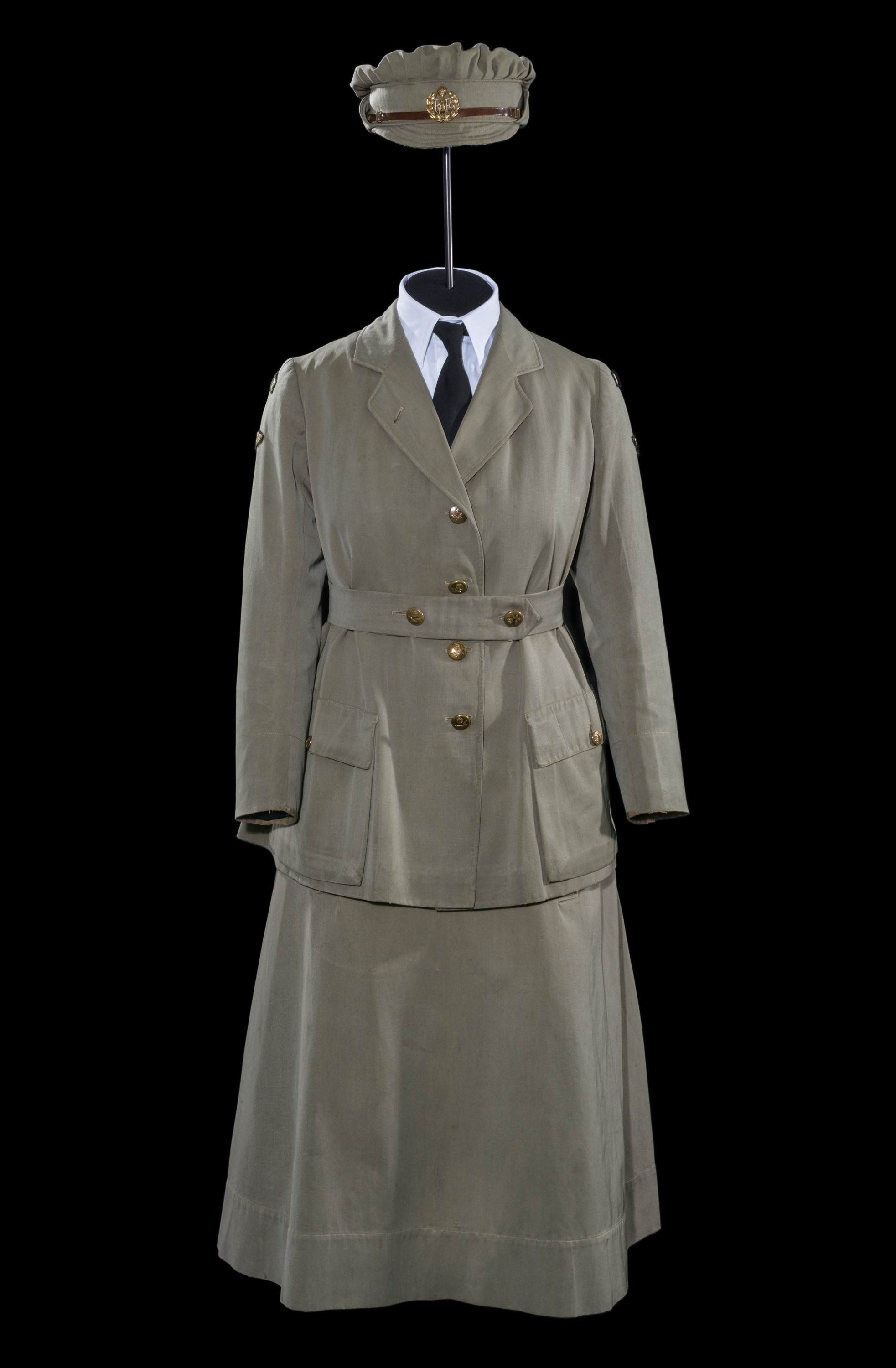 Gray-green Women's Royal Air Force coat with four gold buttons, pockets, and shoulder insignia.
