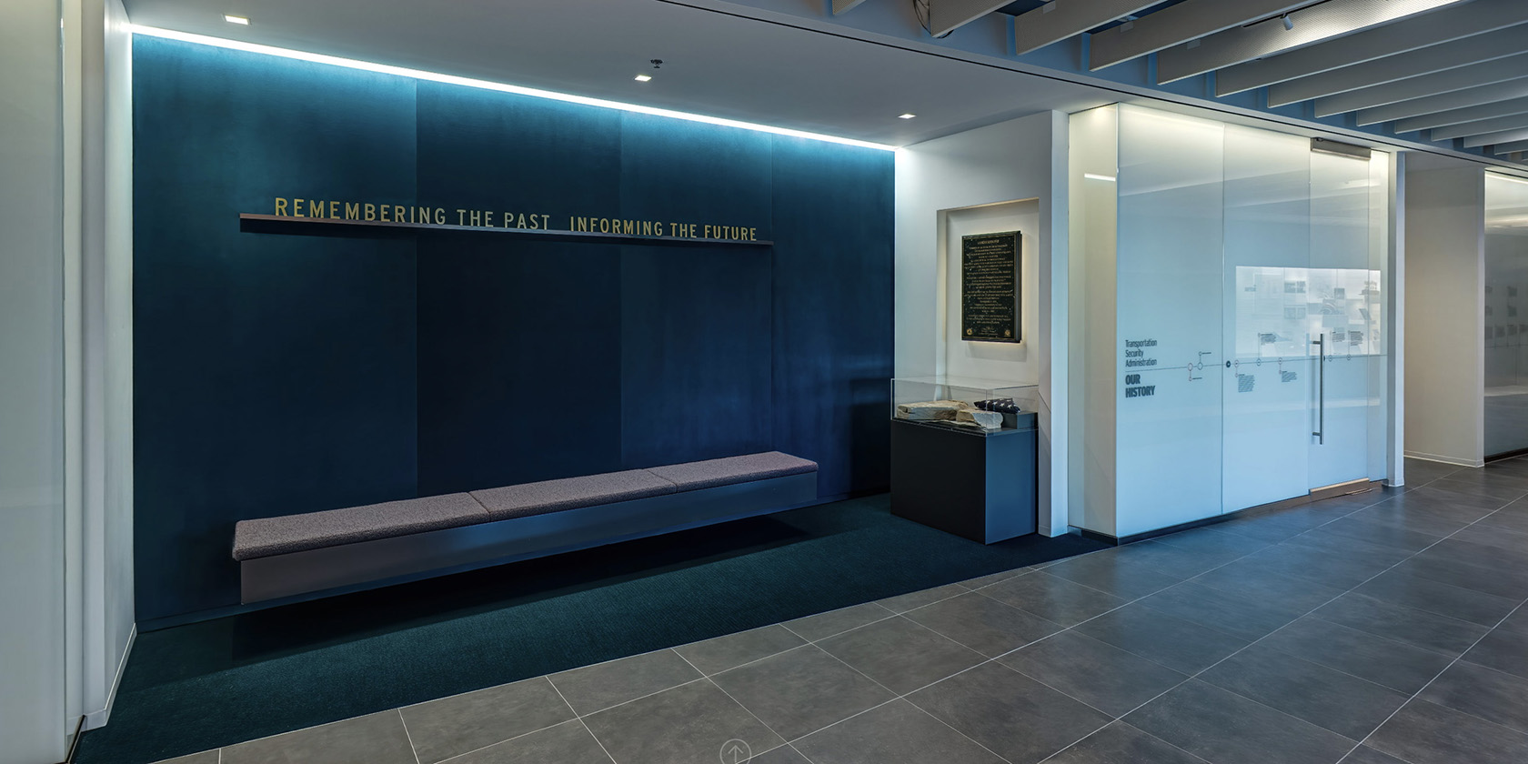 September 11 memorial and 2001 timeline with photographs and text panels